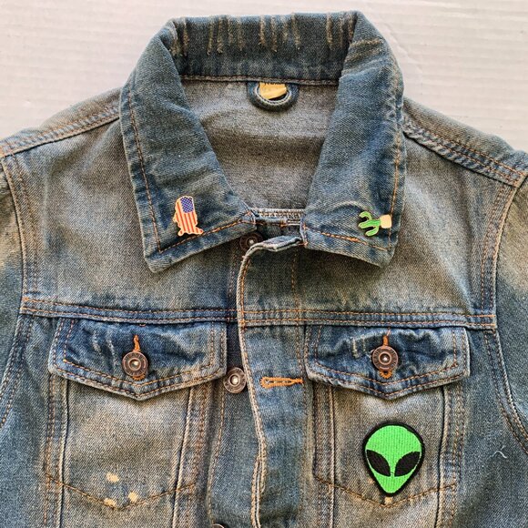 Vintage Y2K Space Denim Jacket UFO Alien Patches Pins 90s Grunge Sz XS/S - Picture 7 of 12
